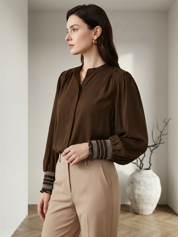 Globus Women Brown Mandarin Collar Elasticated Embroidered Sleeve Relaxed Fit Straight Hem Shirt 