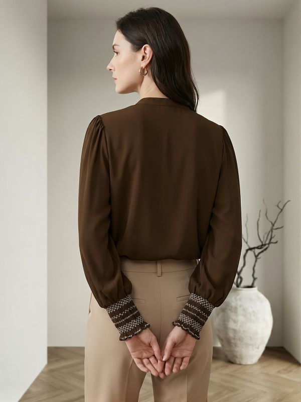 Globus Women Brown Mandarin Collar Elasticated Embroidered Sleeve Relaxed Fit Straight Hem Shirt 
