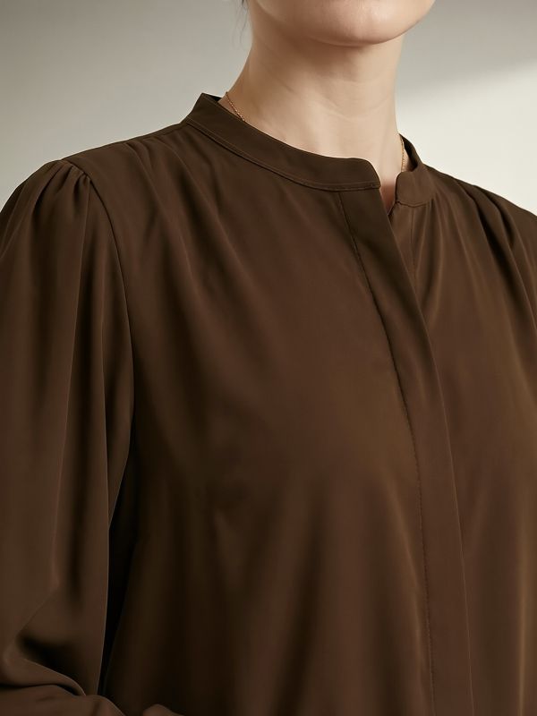 Globus Women Brown Mandarin Collar Elasticated Embroidered Sleeve Relaxed Fit Straight Hem Shirt 