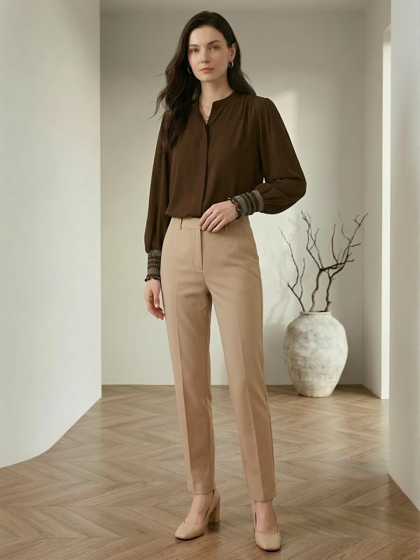 Globus Women Brown Mandarin Collar Elasticated Embroidered Sleeve Relaxed Fit Straight Hem Shirt 