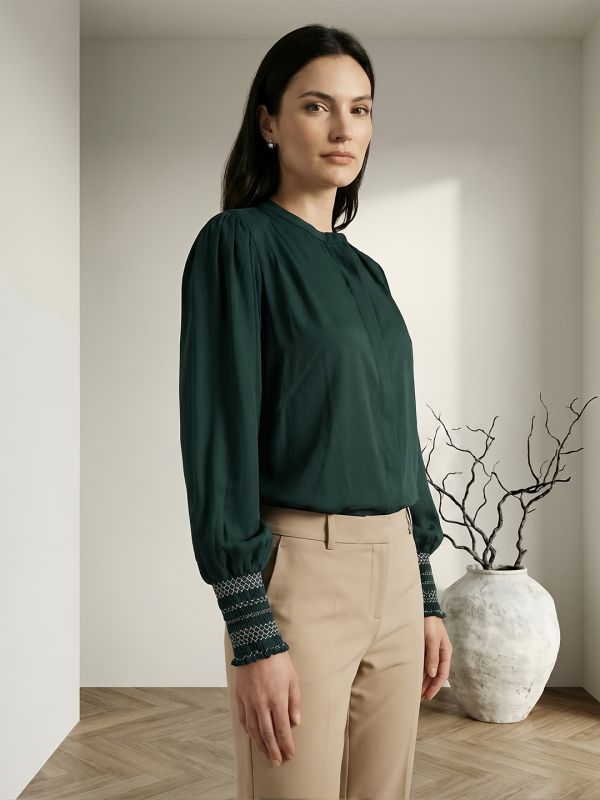 Globus Women Green Mandarin Collar Elasticated Embroidered Sleeve Relaxed Fit Straight Hem Shirt 