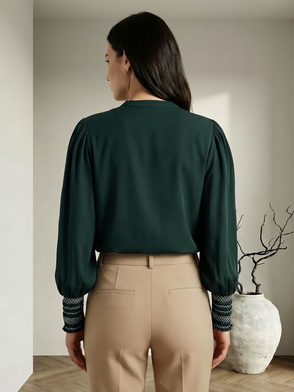Globus Women Green Mandarin Collar Elasticated Embroidered Sleeve Relaxed Fit Straight Hem Shirt 