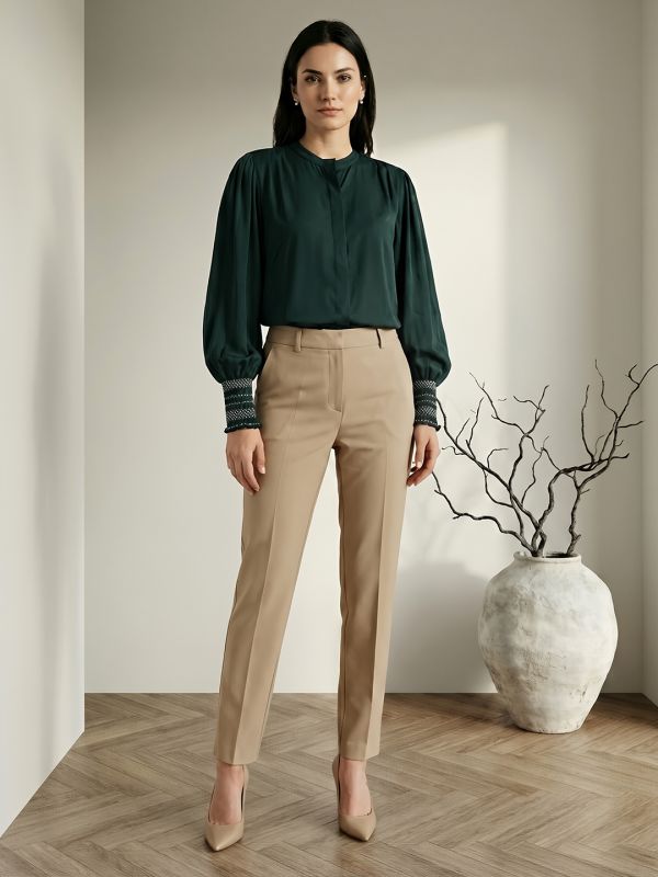 Globus Women Green Mandarin Collar Elasticated Embroidered Sleeve Relaxed Fit Straight Hem Shirt 