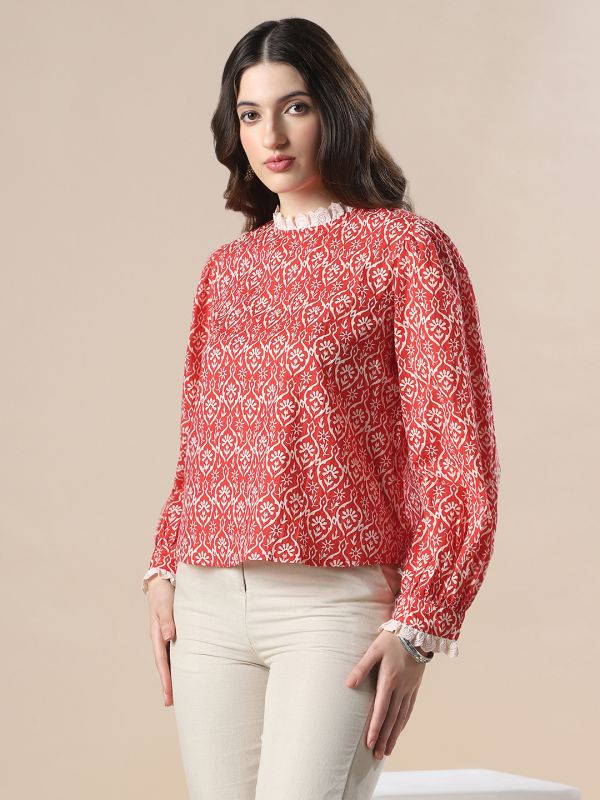 Globus Women Red All Over Floral Print Bishop Sleeves High Neck Lace Detail Party Top