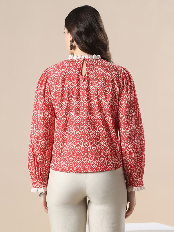 Globus Women Red All Over Floral Print Bishop Sleeves High Neck Lace Detail Party Top