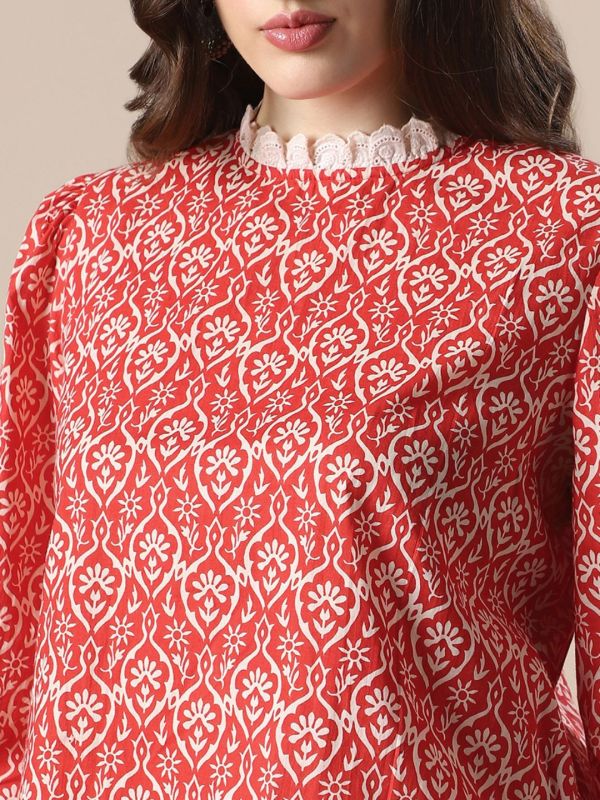 Globus Women Red All Over Floral Print Bishop Sleeves High Neck Lace Detail Party Top