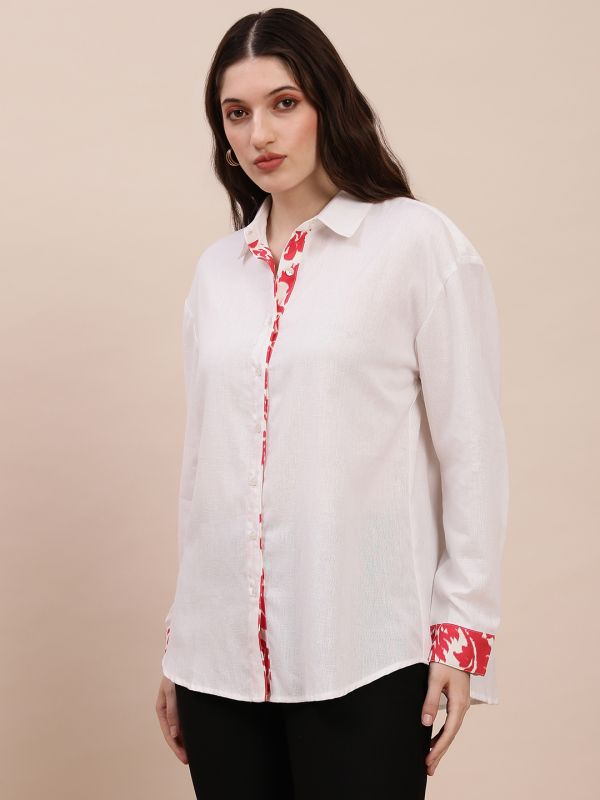 Globus Women Off-White Collared Neck Printed Placket & Cuffed Sleeves Curved Hem Oversized Shirt