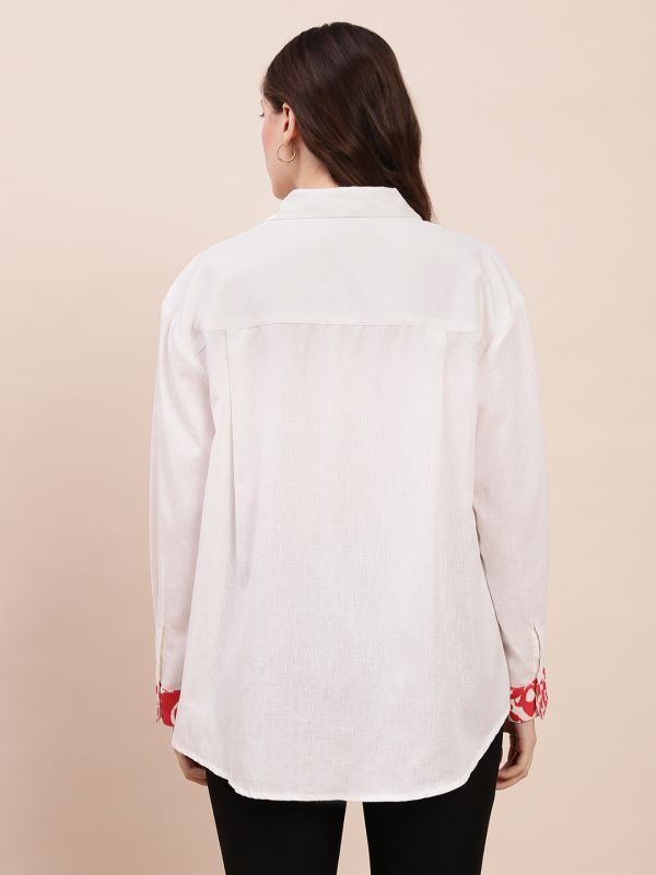 Globus Women Off-White Collared Neck Printed Placket & Cuffed Sleeves Curved Hem Oversized Shirt