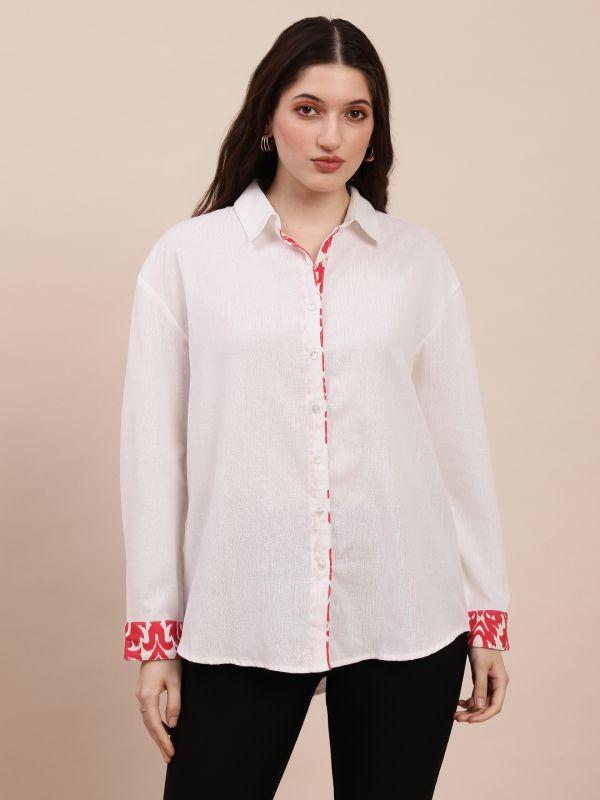 Globus Women Off-White Collared Neck Printed Placket & Cuffed Sleeves Curved Hem Oversized Shirt