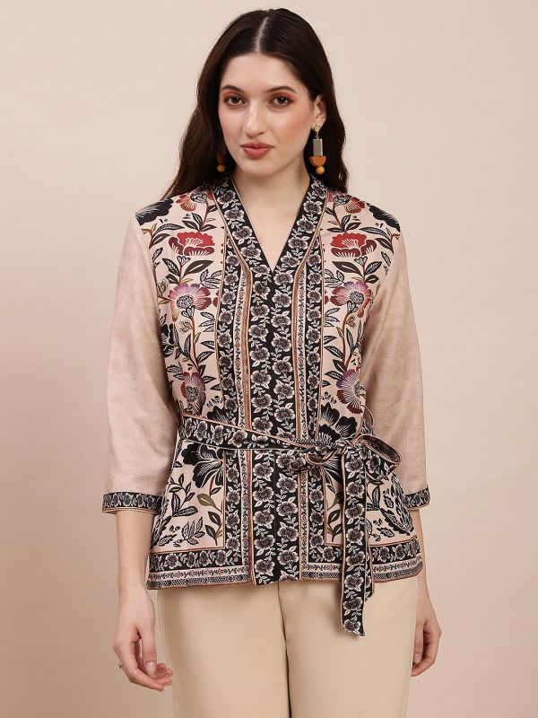Globus Women Beige V-Neck Floral Print Top With Belt
