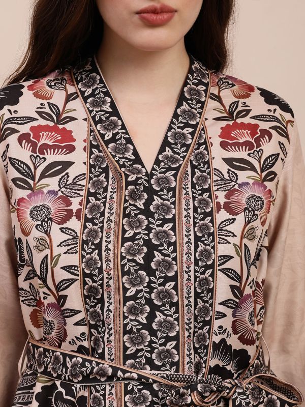 Globus Women Beige V-Neck Floral Print Top With Belt