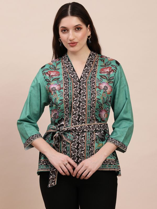 Globus Women Teal V-Neck Floral Print Top With Belt