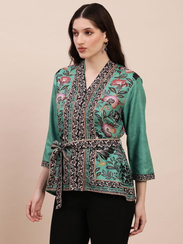 Globus Women Teal V-Neck Floral Print Top With Belt