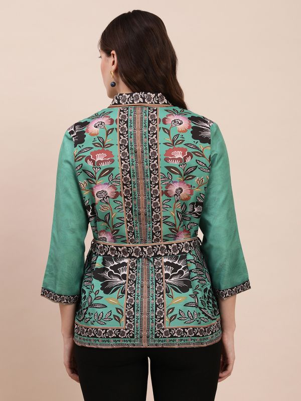 Globus Women Teal V-Neck Floral Print Top With Belt