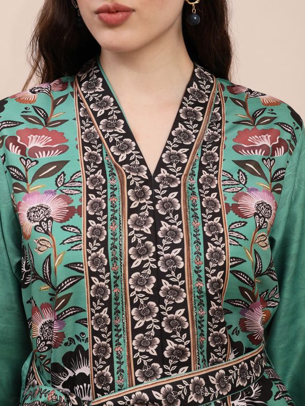 Globus Women Teal V-Neck Floral Print Top With Belt