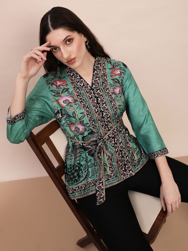 Globus Women Teal V-Neck Floral Print Top With Belt