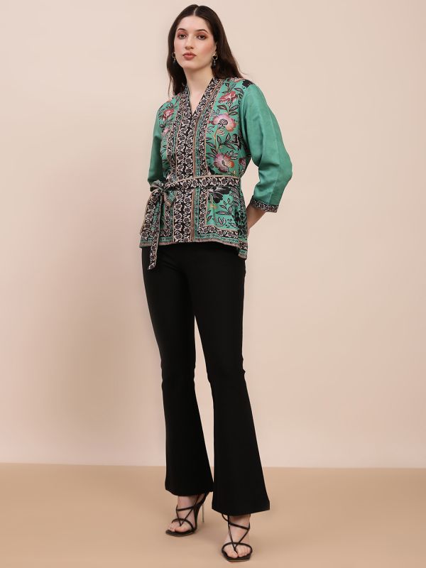 Globus Women Teal V-Neck Floral Print Top With Belt