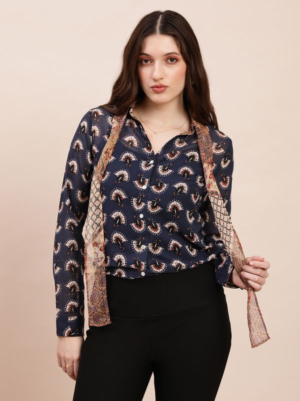 Globus Women Blue Collared Neck Tie Detail Cuffed Sleeves Abstract Print Georgette Shirt
