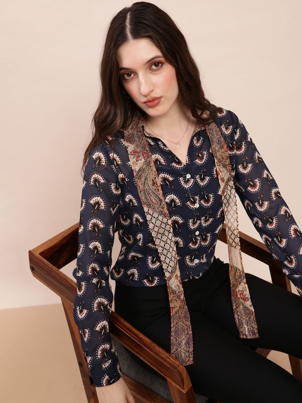 Globus Women Blue Collared Neck Tie Detail Cuffed Sleeves Abstract Print Georgette Shirt