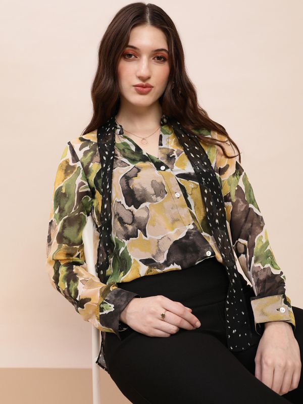 Globus Women Olive Collared Neck Tie Detail Cuffed Sleeves Abstract Print Georgette Shirt