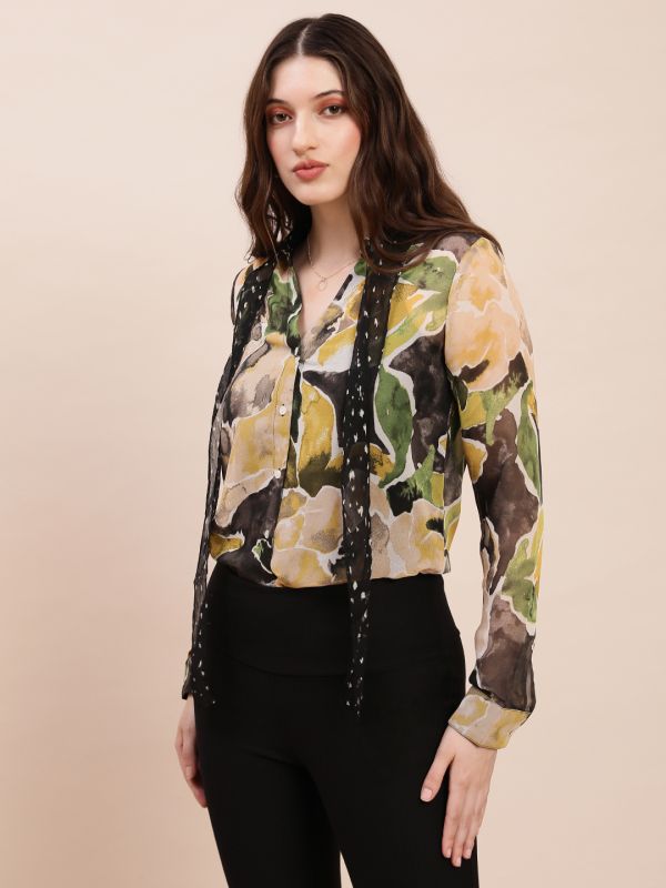 Globus Women Olive Collared Neck Tie Detail Cuffed Sleeves Abstract Print Georgette Shirt