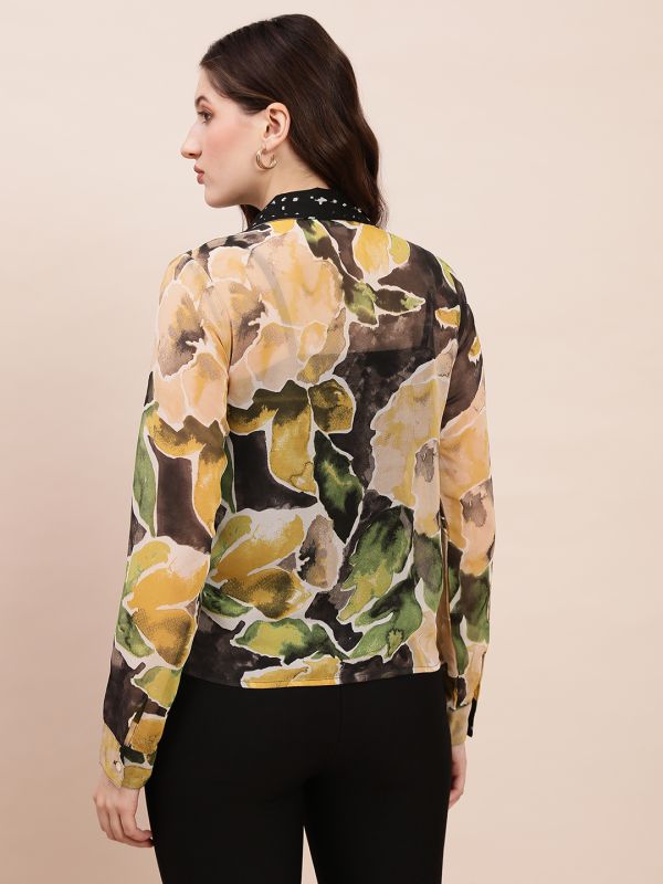 Globus Women Olive Collared Neck Tie Detail Cuffed Sleeves Abstract Print Georgette Shirt