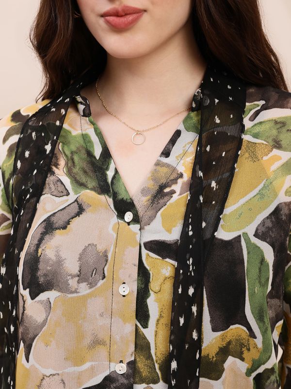 Globus Women Olive Collared Neck Tie Detail Cuffed Sleeves Abstract Print Georgette Shirt