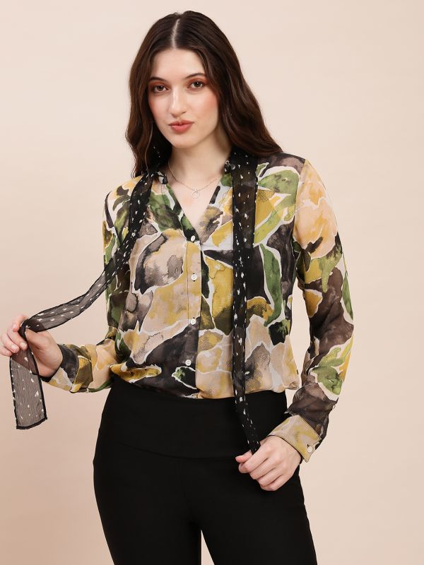 Globus Women Olive Collared Neck Tie Detail Cuffed Sleeves Abstract Print Georgette Shirt