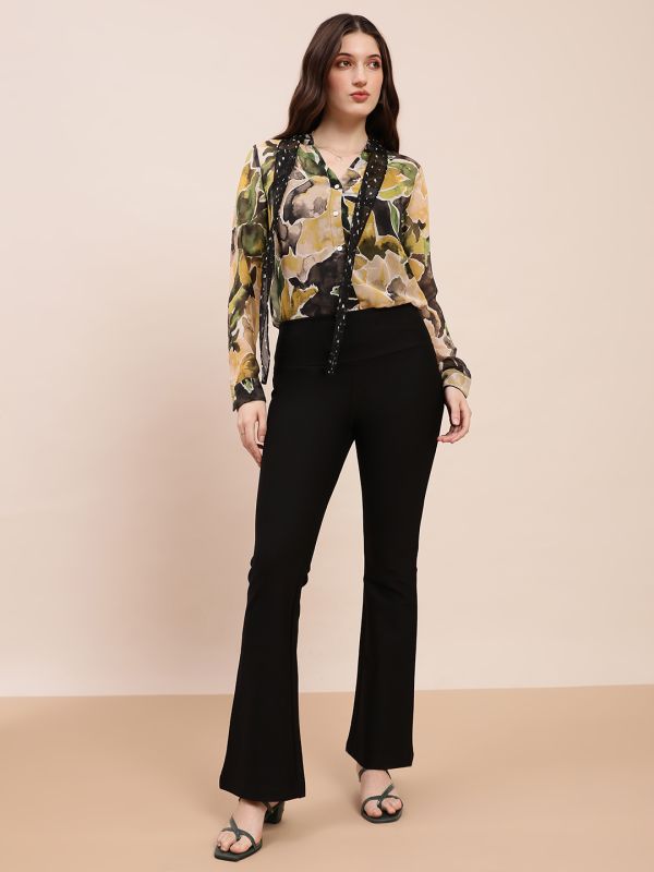 Globus Women Olive Collared Neck Tie Detail Cuffed Sleeves Abstract Print Georgette Shirt