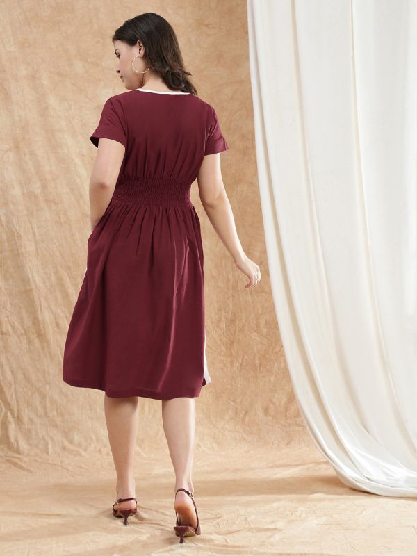 Globus Women Maroon V-Neck Extended Sleeves Solid Smocked Side Slit Midi Fit & Flare Dress