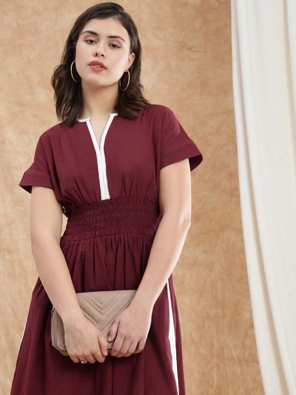 Globus Women Maroon V-Neck Extended Sleeves Solid Smocked Side Slit Midi Fit & Flare Dress