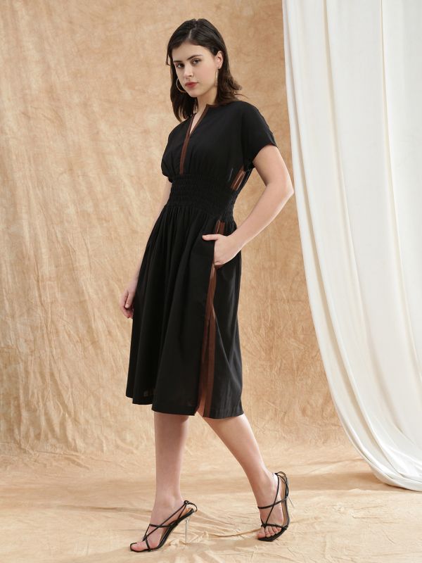 Globus Women Black V-Neck Extended Sleeves Solid Smocked Side Slit Midi Fit & Flare Dress