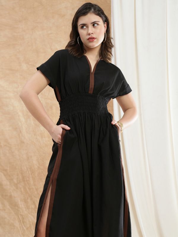 Globus Women Black V-Neck Extended Sleeves Solid Smocked Side Slit Midi Fit & Flare Dress