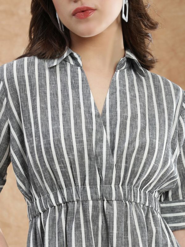 Globus Women Black Collared V-Neck Short Sleeved Striped Midi Fit & Flare Workwear Dress