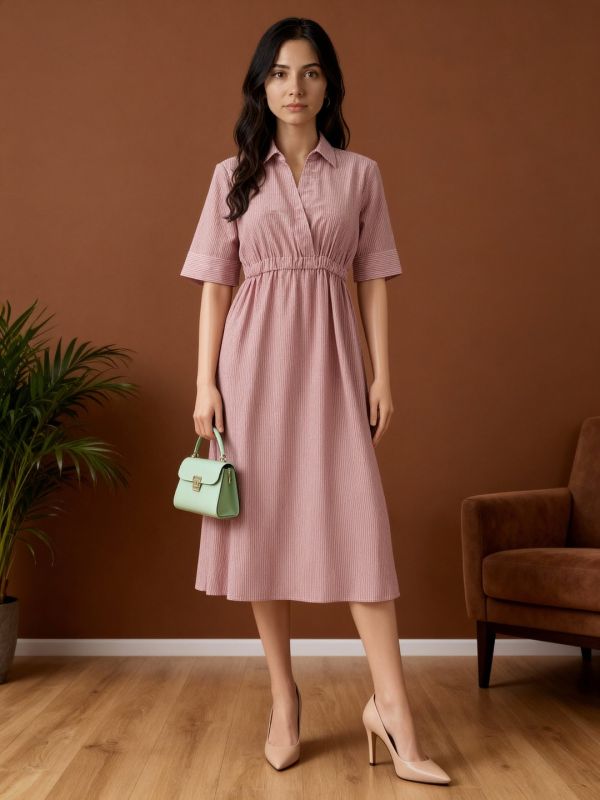 Globus Women Brown Collared V-Neck Short Sleeves Striped Midi Fit & Flare Workwear Dress