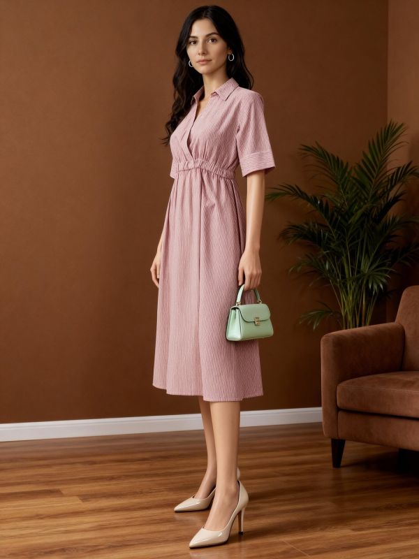 Globus Women Brown Collared V-Neck Short Sleeves Striped Midi Fit & Flare Workwear Dress