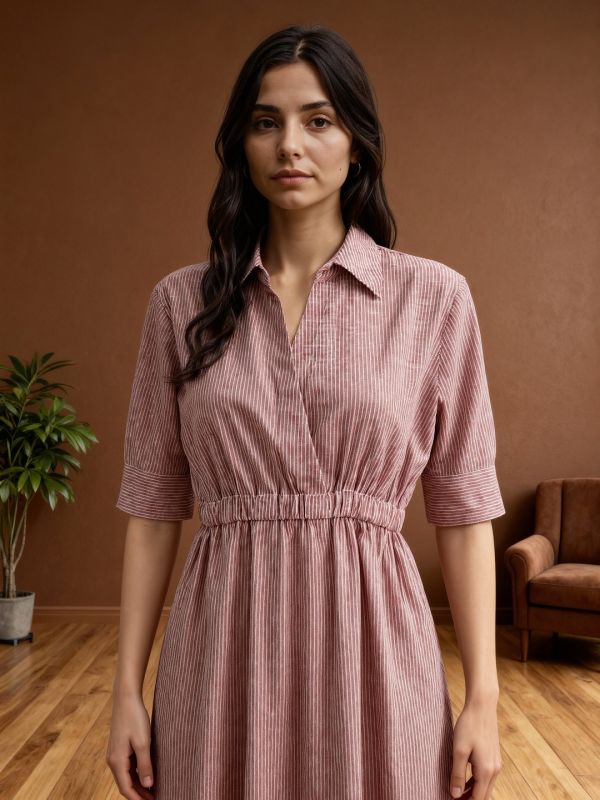 Globus Women Brown Collared V-Neck Short Sleeves Striped Midi Fit & Flare Workwear Dress