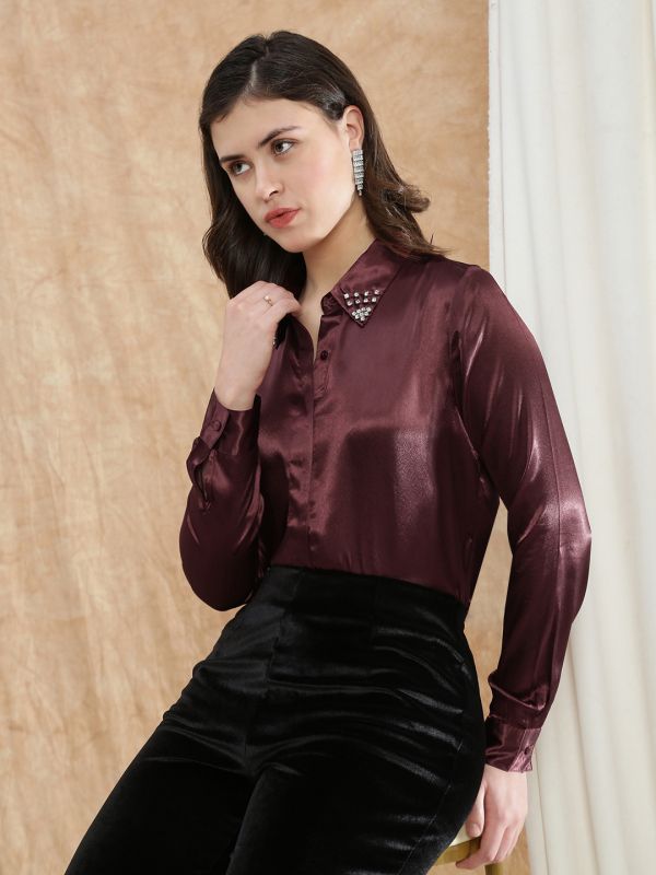 Globus Women Red Embellished Spread Collar Cuffed Sleeve Satin Party Shirt