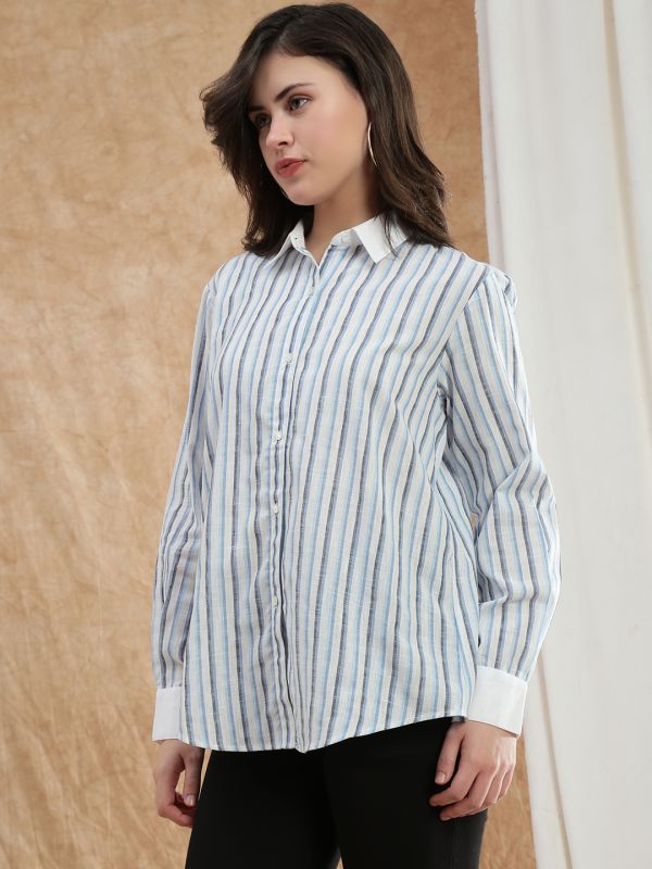 Globus Women Blue Striped Spread Collar Cuffed Sleeve Formal Shirt 