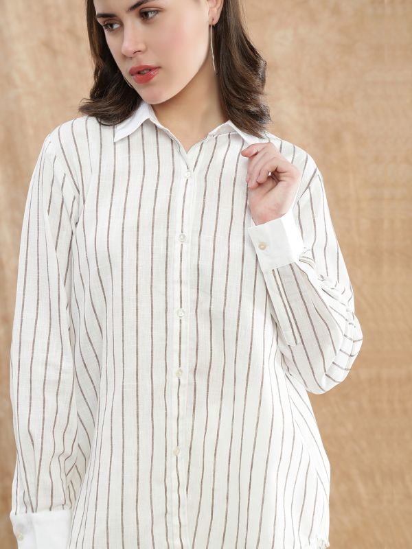 Globus Women Brown Striped Spread Collar Cuffed Sleeve Formal Shirt