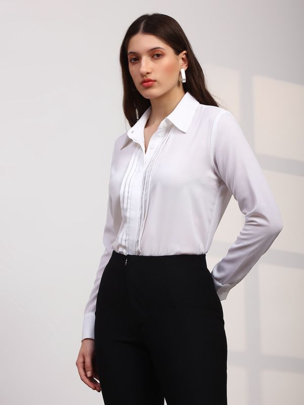 Globus Women Off White Spread Collar Cuffed Sleeves Straight Hem Pleated Workwear Shirt
