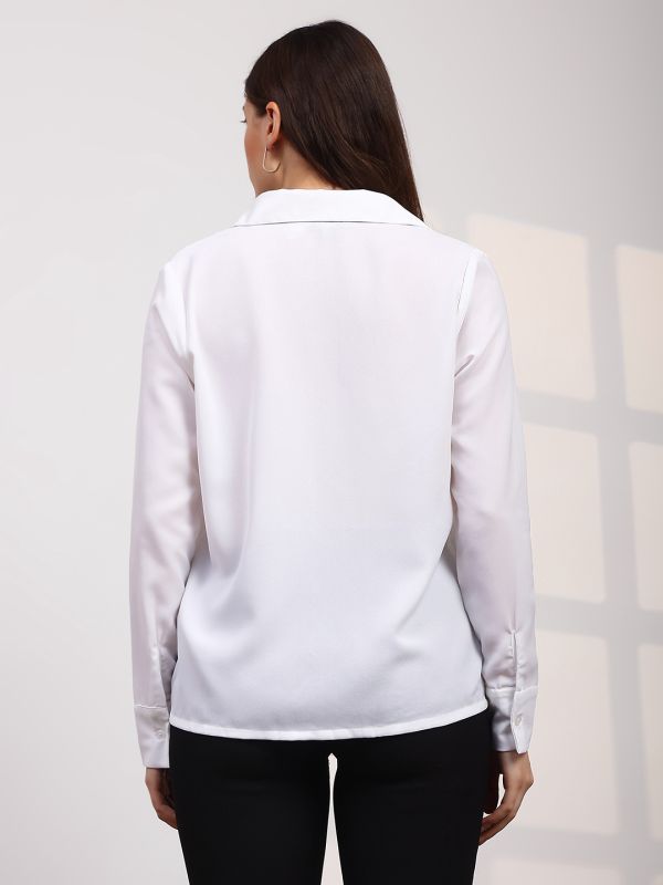 Globus Women Off White Spread Collar Cuffed Sleeves Straight Hem Pleated Workwear Shirt