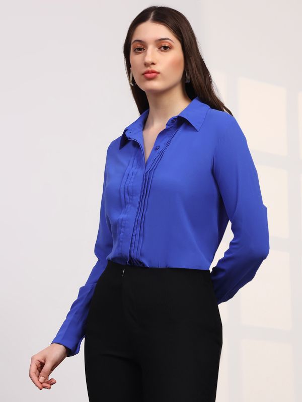 Globus Women Blue Spread Collar Cuffed Sleeves Straight Hem Pleated Workwear Shirt