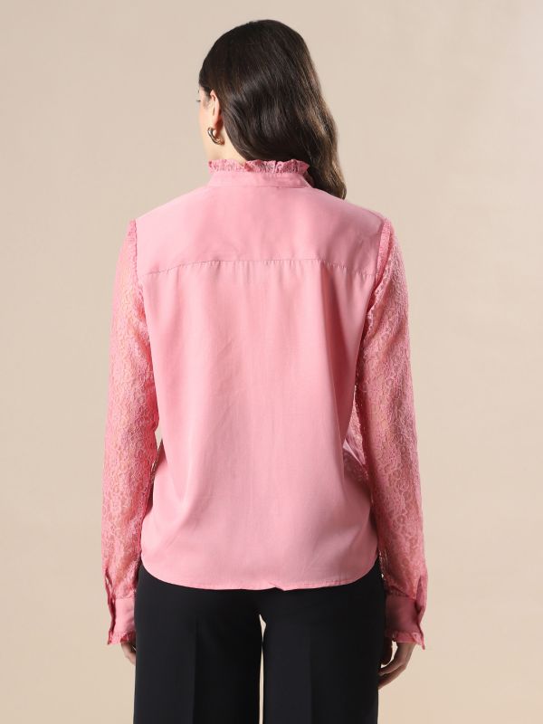 Globus Women Pink Frilled Neck Cuffed Sleeves Curved Hem Floral Lace Party Shirt