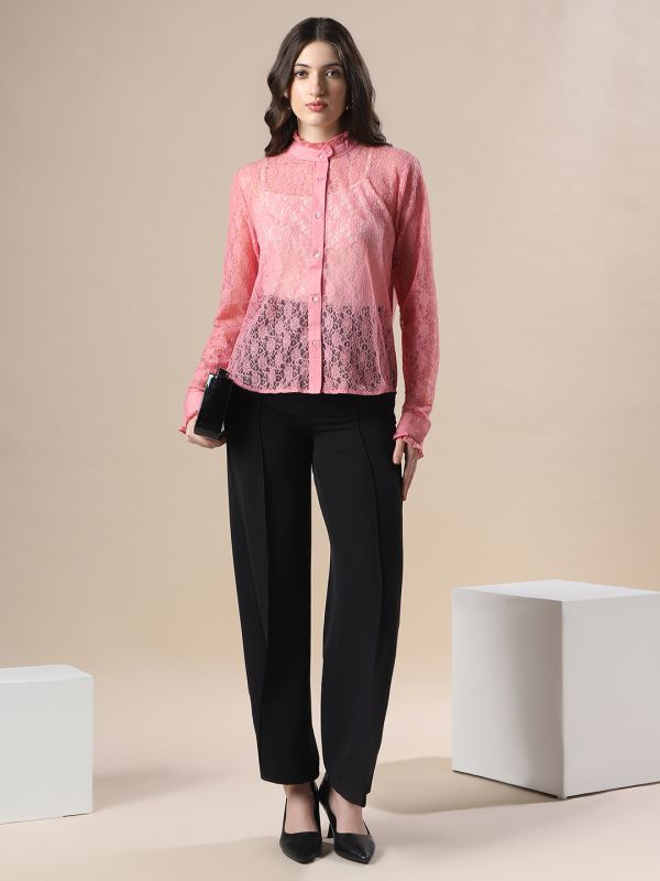 Globus Women Pink Frilled Neck Cuffed Sleeves Curved Hem Floral Lace Party Shirt