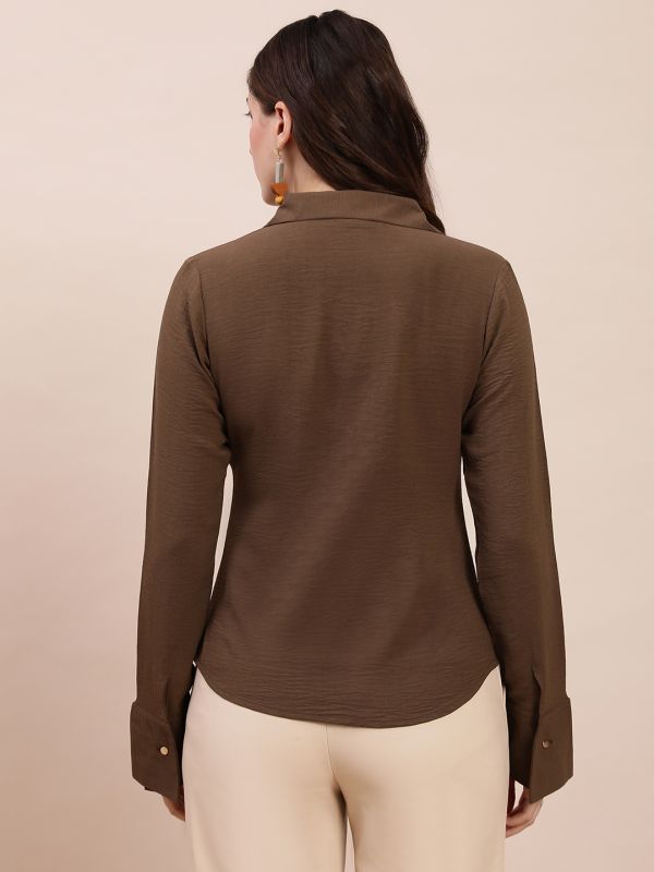 Globus Women Brown Collared Neck Cuffed Sleeves Self Design Tie-Up Detail Curved Hem Workwear Shirt