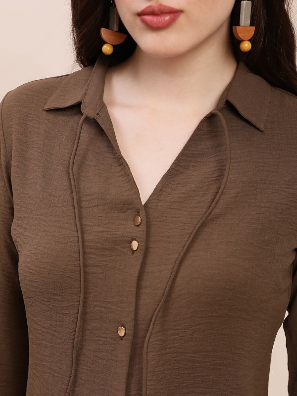 Globus Women Brown Collared Neck Cuffed Sleeves Self Design Tie-Up Detail Curved Hem Workwear Shirt