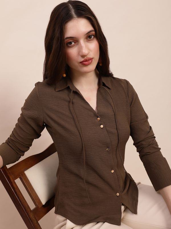 Globus Women Brown Collared Neck Cuffed Sleeves Self Design Tie-Up Detail Curved Hem Workwear Shirt