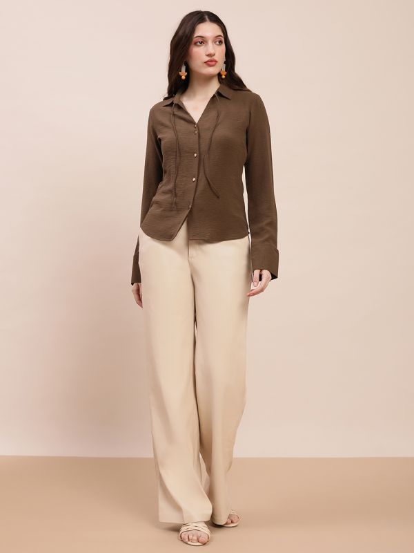 Globus Women Brown Collared Neck Cuffed Sleeves Self Design Tie-Up Detail Curved Hem Workwear Shirt