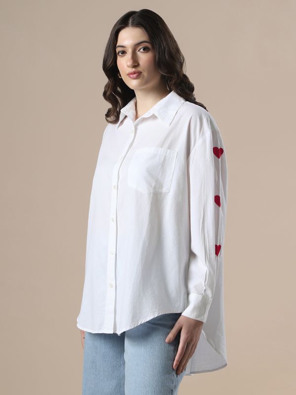 Globus Women White Collared Neck Embroidered Detail Cuffed Sleeves High-Low Hem Oversized Party Shirt